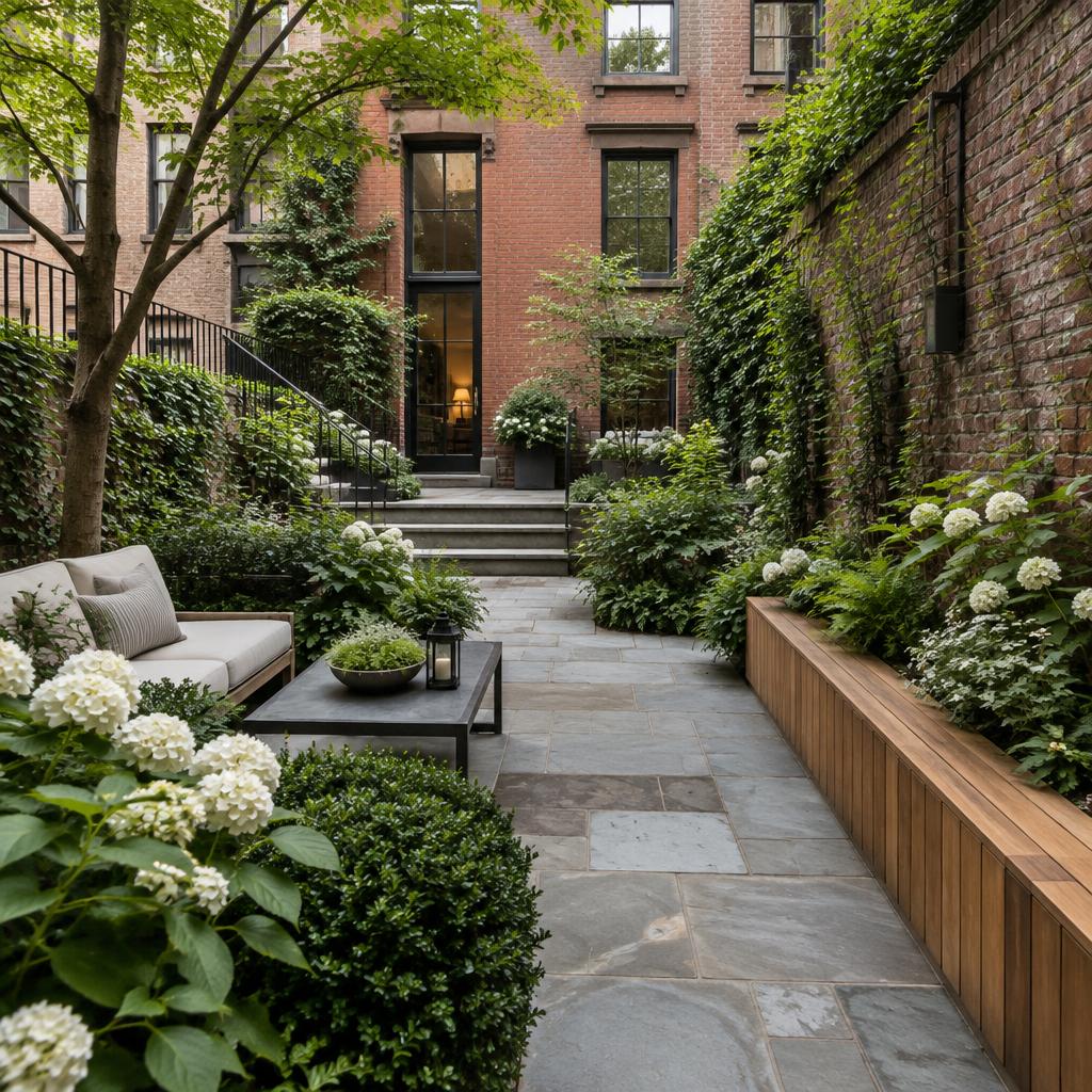 Private brownstone garden in the city